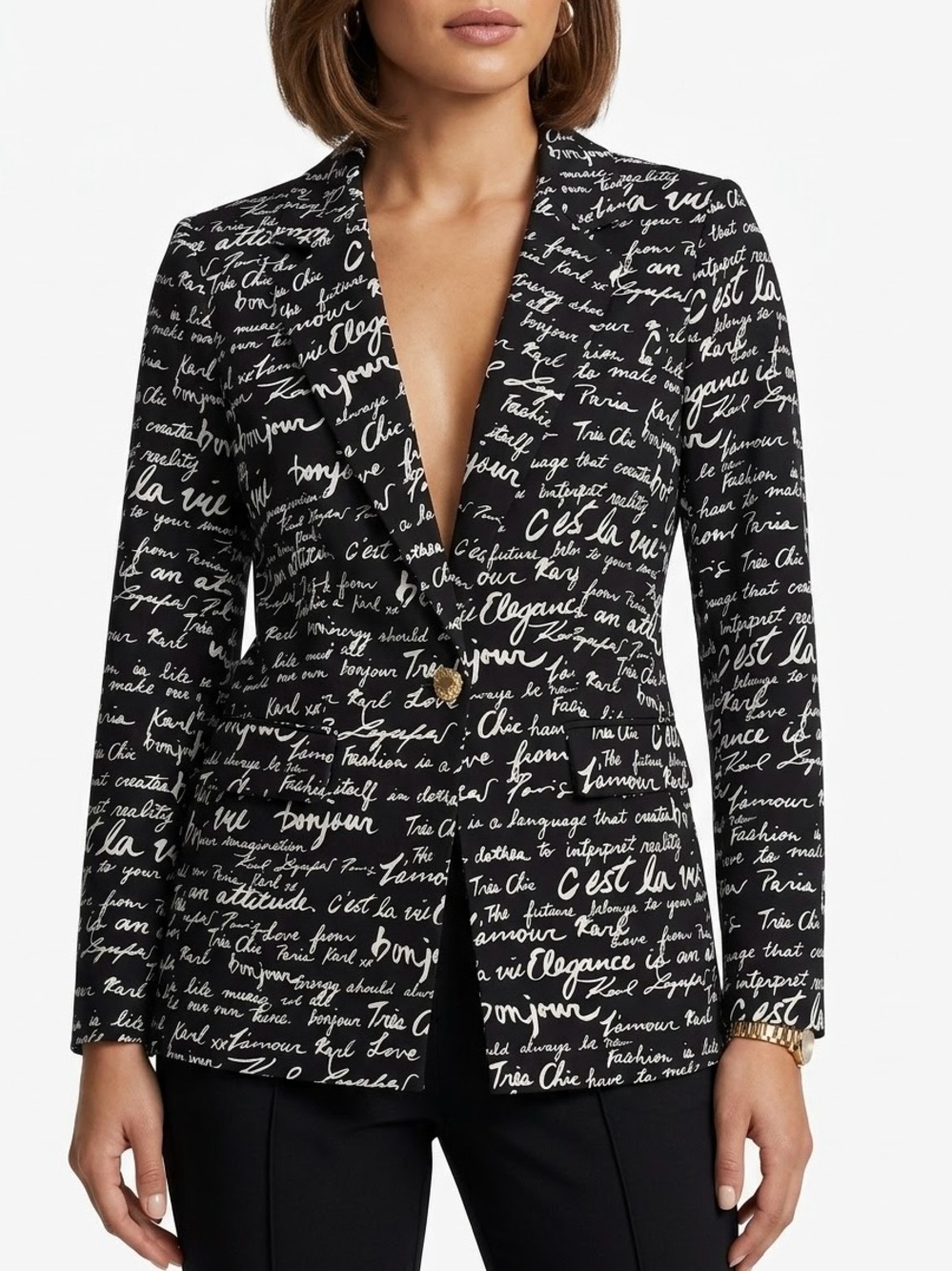 Karl Lagerfeld Paris Script Print Single Button Blazer Jacket NWT Size 10